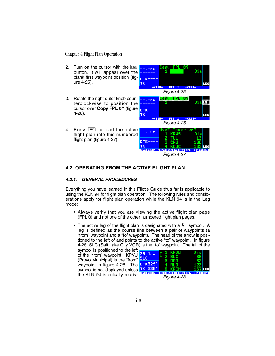 Operating from the active flight plan, General procedures, Chapter 4 flight plan operation 4-8 | BendixKing KLN 94 - Pilots Guide User Manual | Page 126 / 284