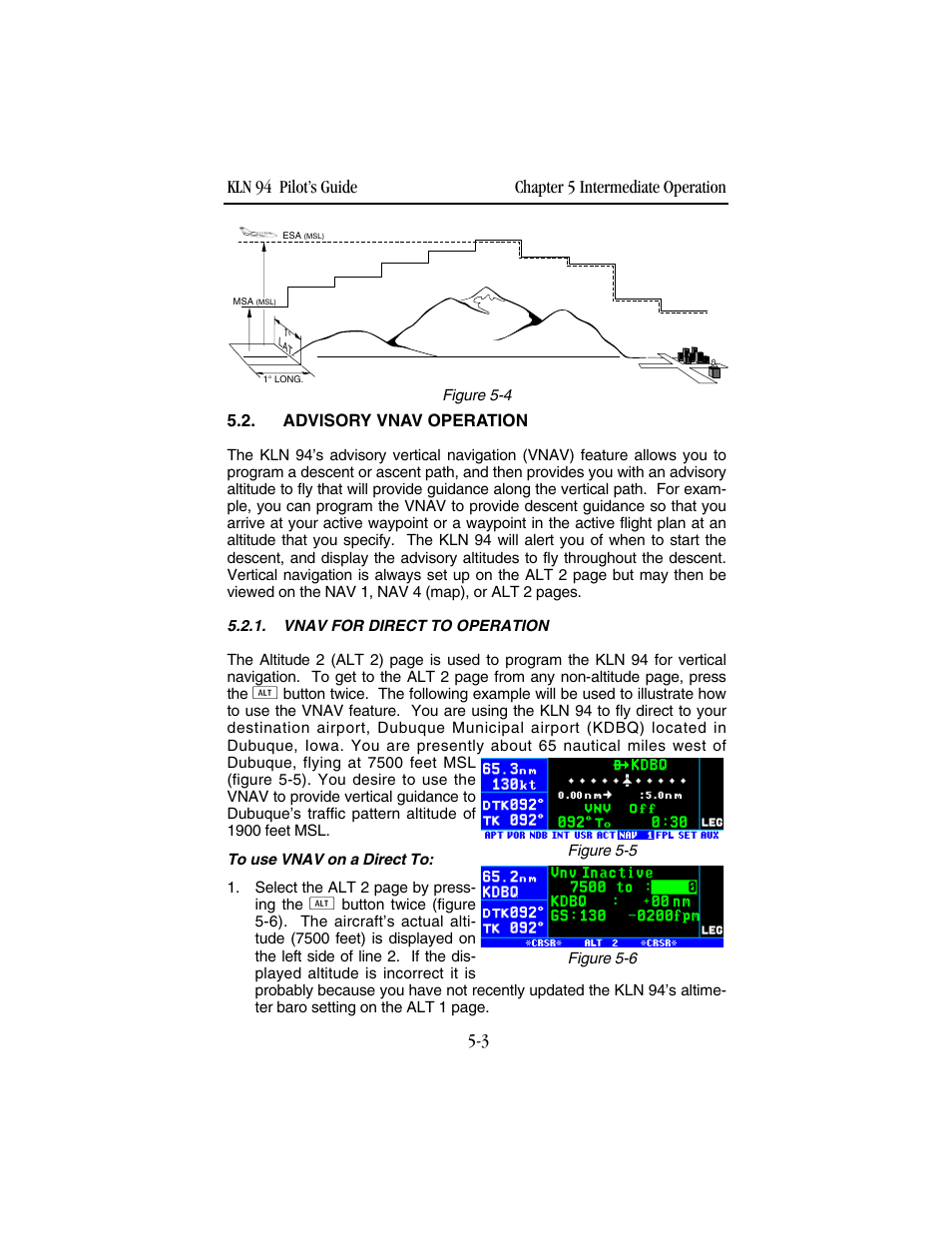 Advisory vnav operation, Vnav for direct to operation | BendixKing KLN 94 - Pilots Guide User Manual | Page 137 / 284