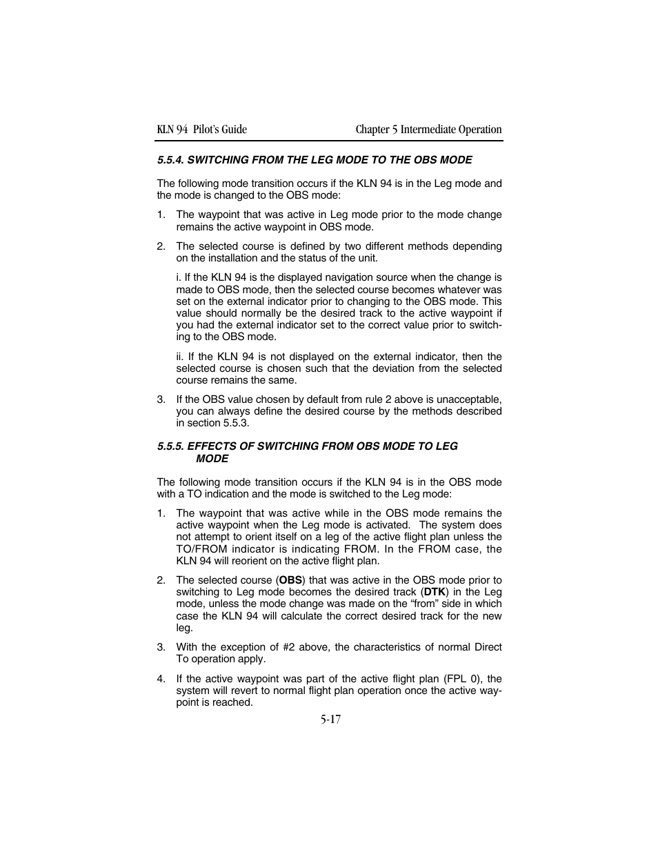 Switching from the leg mode to the obs mode, Effects of switching from obs mode to leg mode | BendixKing KLN 94 - Pilots Guide User Manual | Page 151 / 284