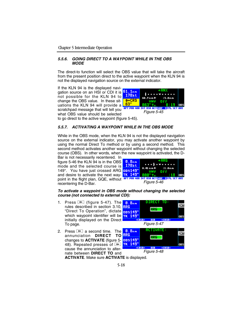 Going direct to a waypoint while in the obs mode, Activating a waypoint while in the obs mode | BendixKing KLN 94 - Pilots Guide User Manual | Page 152 / 284