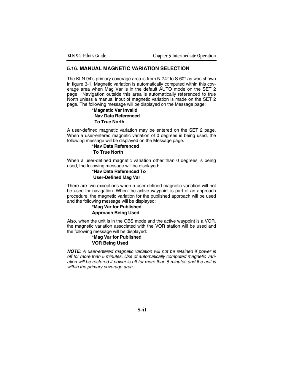 Manual magnetic variation selection | BendixKing KLN 94 - Pilots Guide User Manual | Page 175 / 284