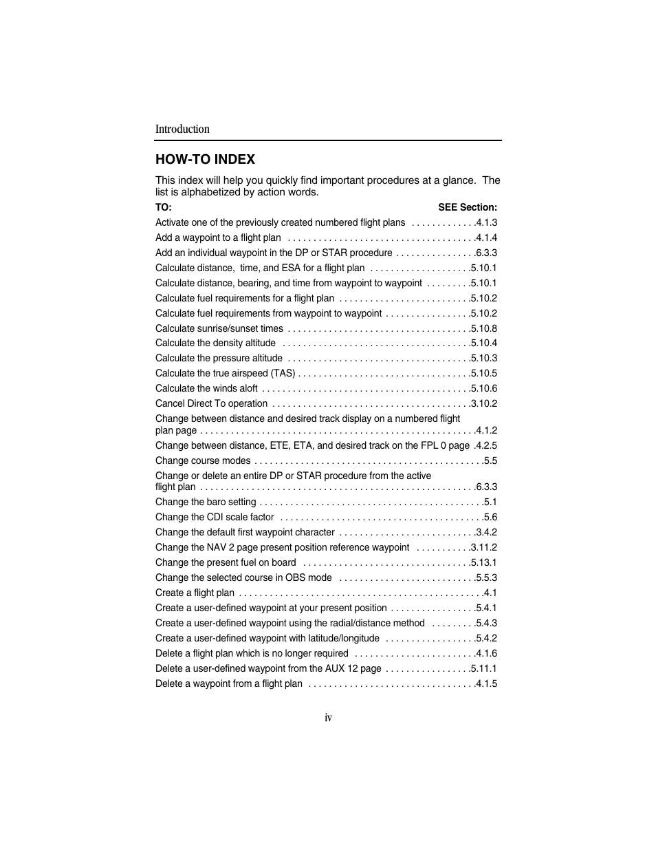 How-to index, Introduction iv | BendixKing KLN 94 - Pilots Guide User Manual | Page 20 / 284