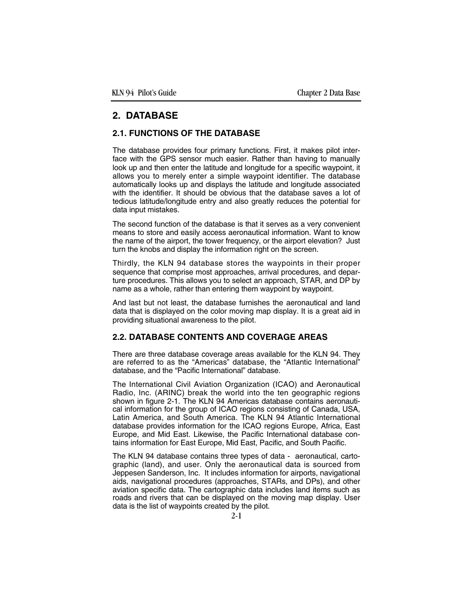 Database, Functions of the database, Database contents and coverage areas | BendixKing KLN 94 - Pilots Guide User Manual | Page 27 / 284