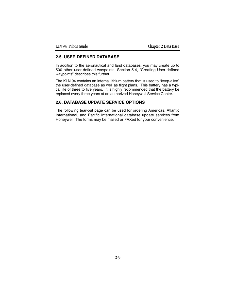 User defined database, Database update service options | BendixKing KLN 94 - Pilots Guide User Manual | Page 35 / 284