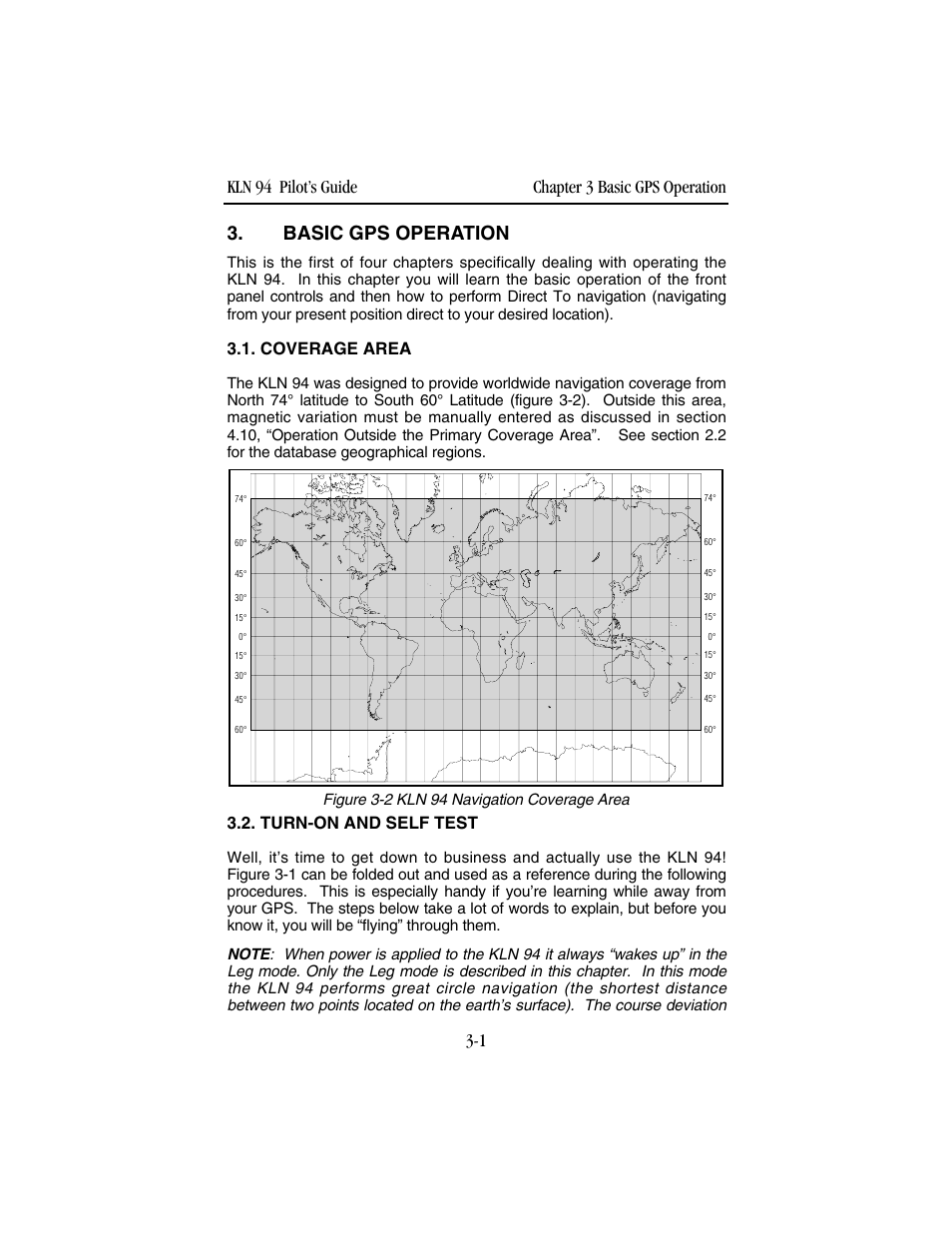 Basic gps operation, Coverage area, Turn-on and self test | Figure 3-2 kln 94 navigation coverage area | BendixKing KLN 94 - Pilots Guide User Manual | Page 43 / 284