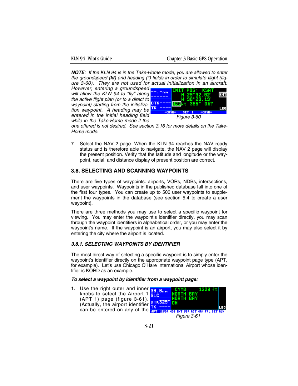 Selecting and scanning waypoints, Selecting waypoints by identifier | BendixKing KLN 94 - Pilots Guide User Manual | Page 63 / 284