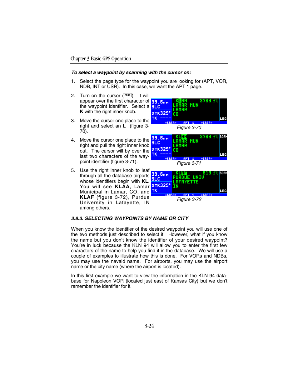 Selecting waypoints by name or city | BendixKing KLN 94 - Pilots Guide User Manual | Page 66 / 284