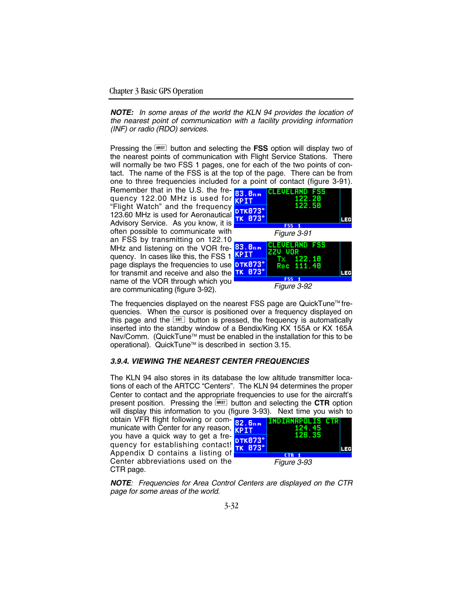 Viewing the nearest center frequencies, Chapter 3 basic gps operation 3-32 | BendixKing KLN 94 - Pilots Guide User Manual | Page 74 / 284