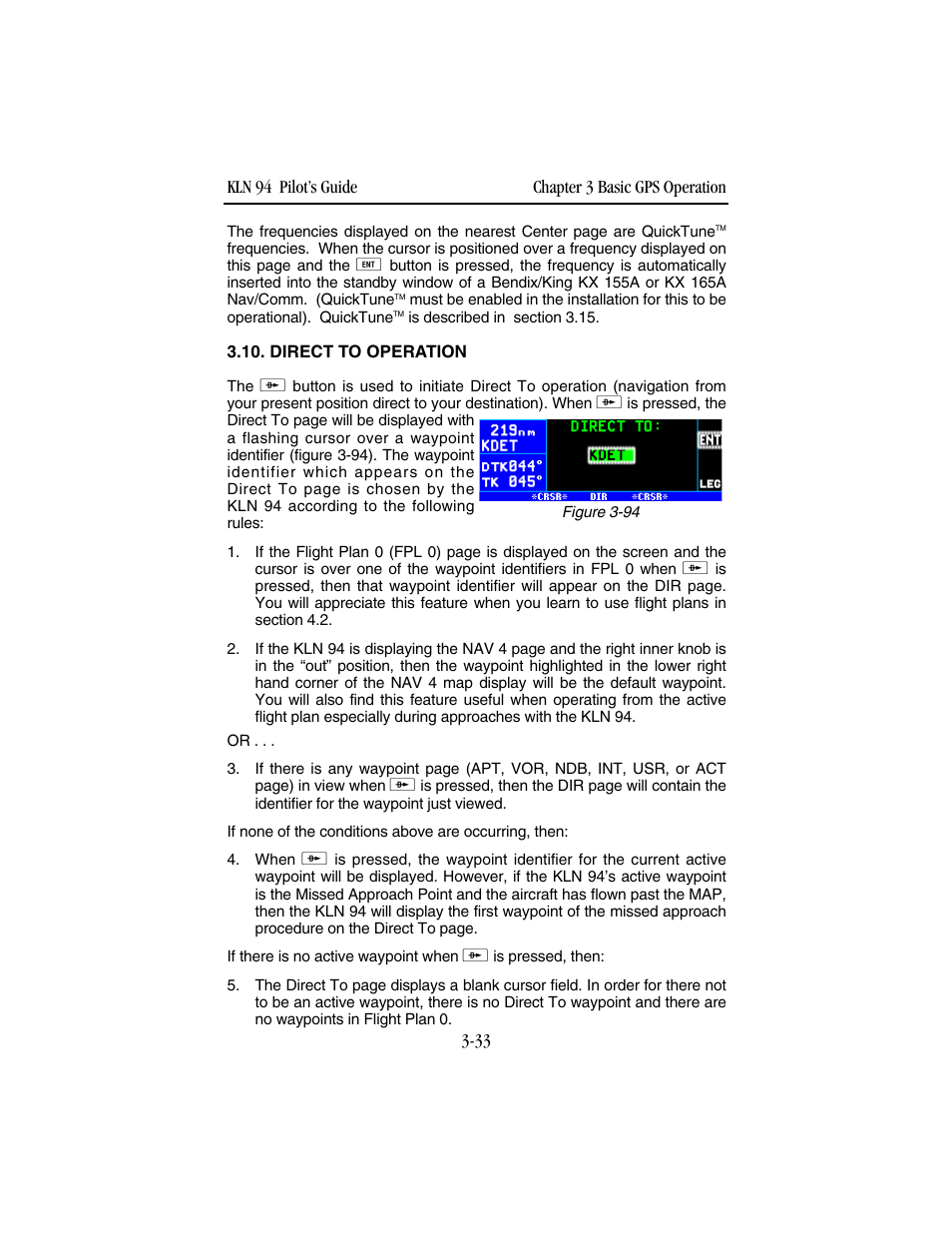 Direct to operation | BendixKing KLN 94 - Pilots Guide User Manual | Page 75 / 284