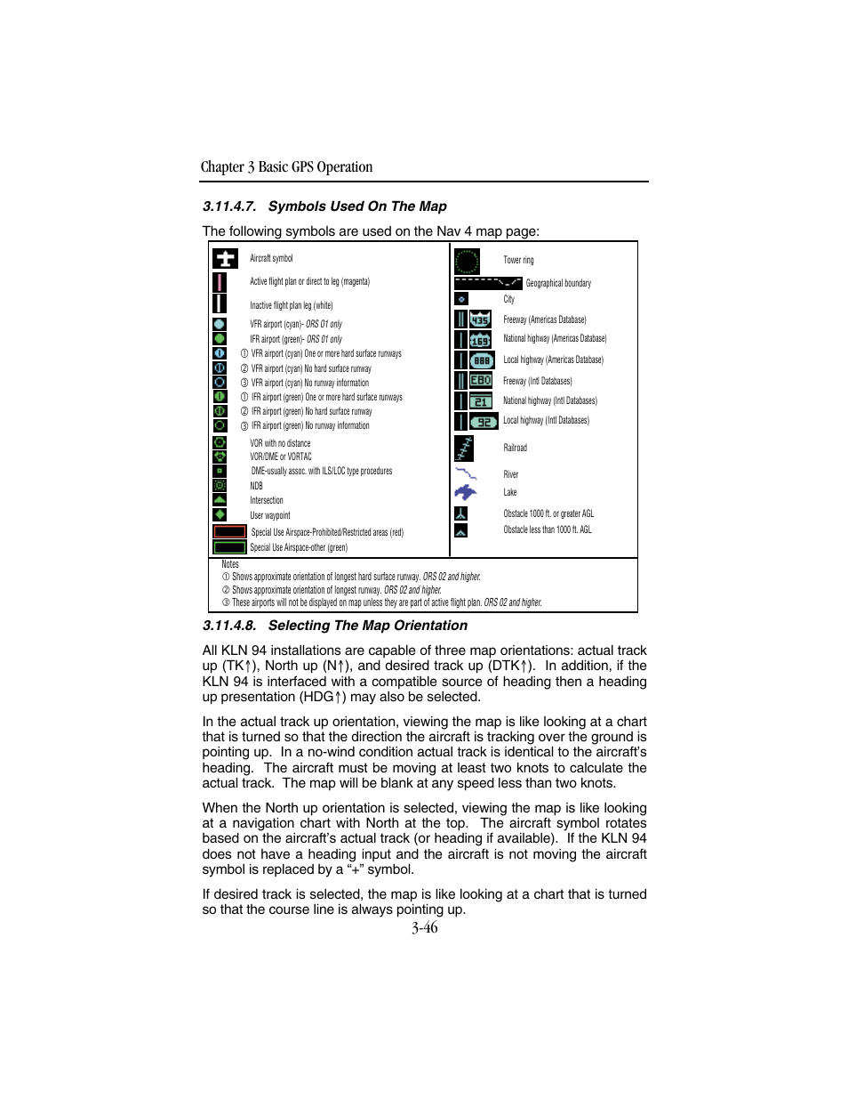 Symbols used on the map, Selecting the map orientation, Chapter 3 basic gps operation 3-46 | BendixKing KLN 94 - Pilots Guide User Manual | Page 88 / 284