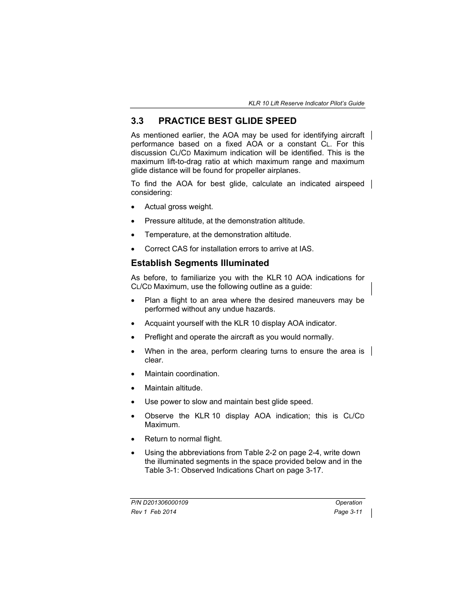 3 practice best glide speed, Establish segments illuminated, Practice best glide speed -11 | Establish segments illuminated -11 | BendixKing KLR 10 User Manual | Page 29 / 39