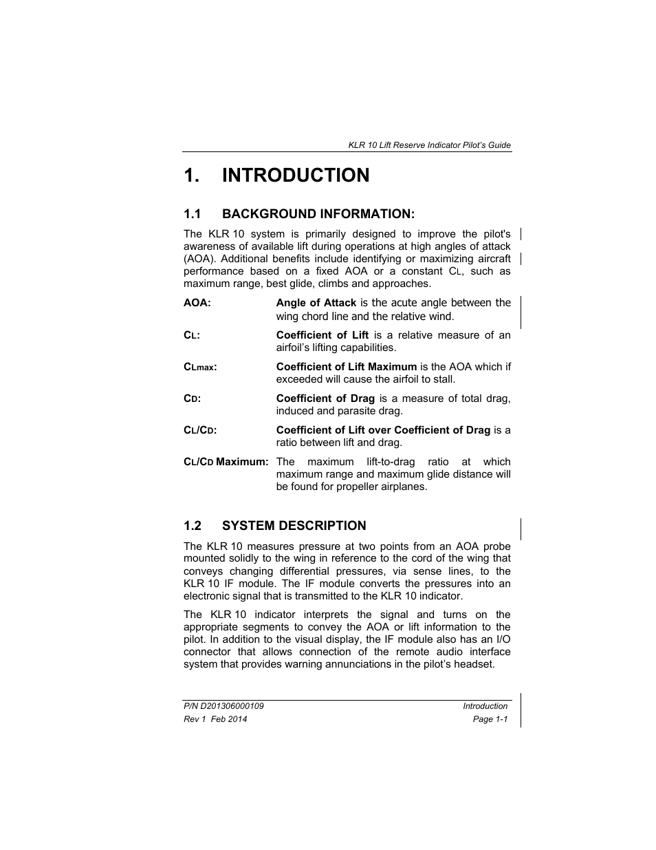 Introduction, 1 background information, 2 system description | Introduction -1, Background information: -1, System description -1 | BendixKing KLR 10 User Manual | Page 7 / 39