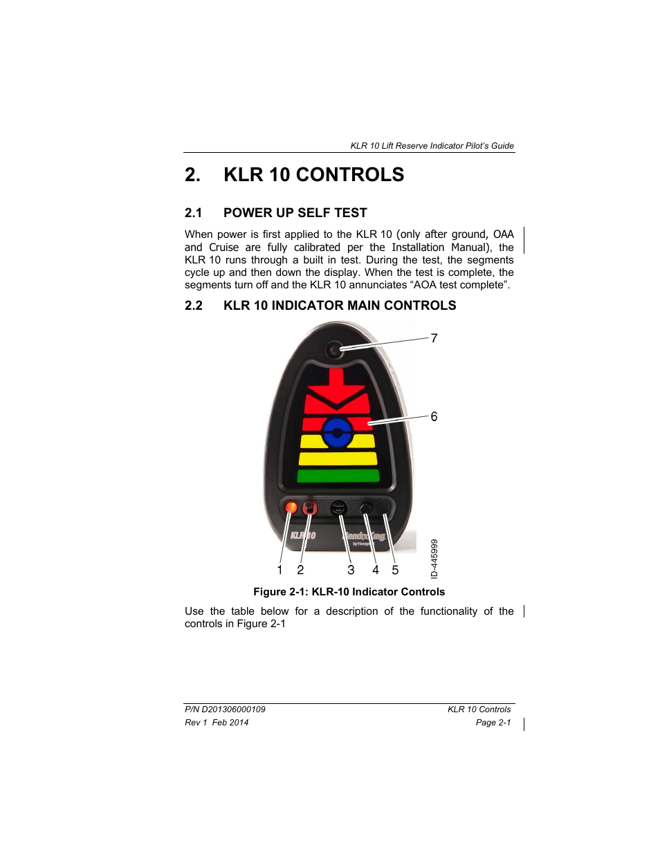 Klr 10 controls, 1 power up self test, 2 klr 10 indicator main controls | Klr 10 controls -1, Power up self test -1, Klr 10 indicator main controls -1, Figure 2-1: klr-10 indicator controls -1 | BendixKing KLR 10 User Manual | Page 9 / 39