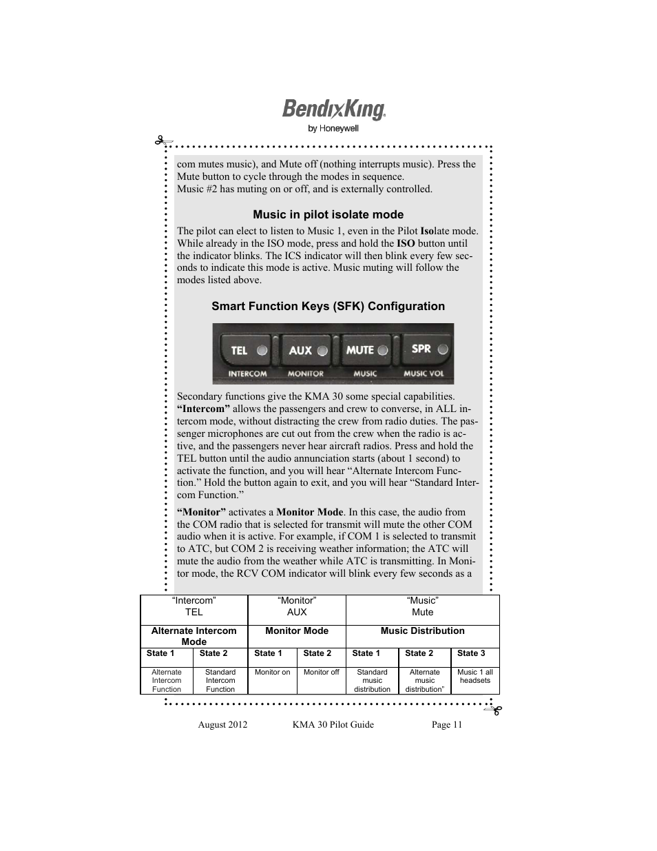Music in pilot isolate mode, Smart function keys (sfk) configuration | BendixKing KMA 30 User Manual | Page 11 / 20