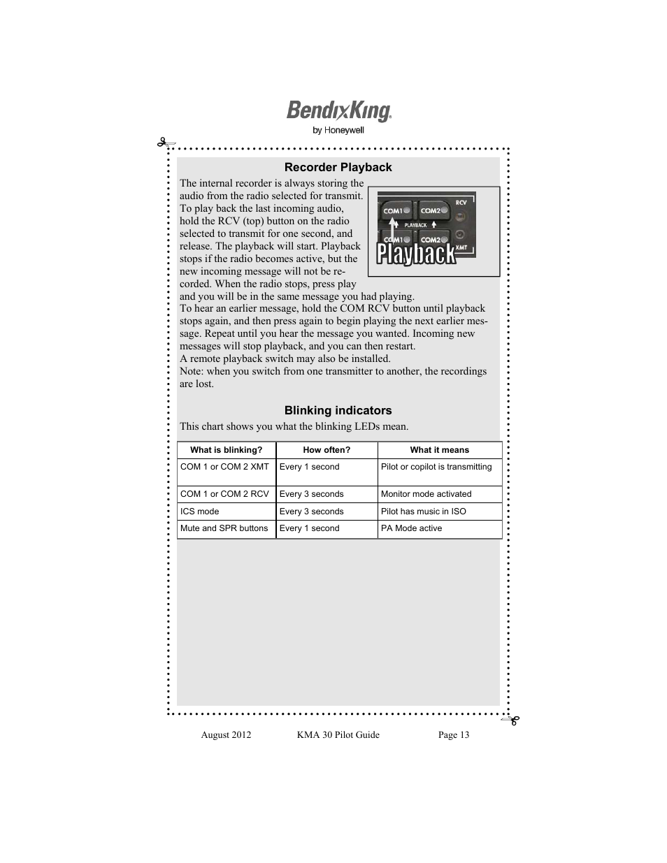 Recorder playback, Blinking indicators | BendixKing KMA 30 User Manual | Page 13 / 20