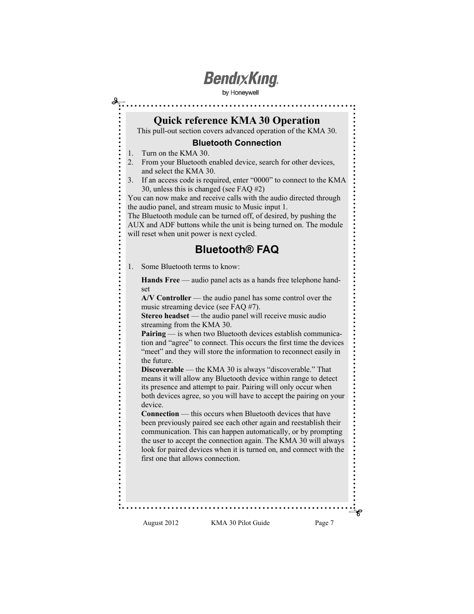 Quick reference kma 30 operation, Bluetooth® faq | BendixKing KMA 30 User Manual | Page 7 / 20