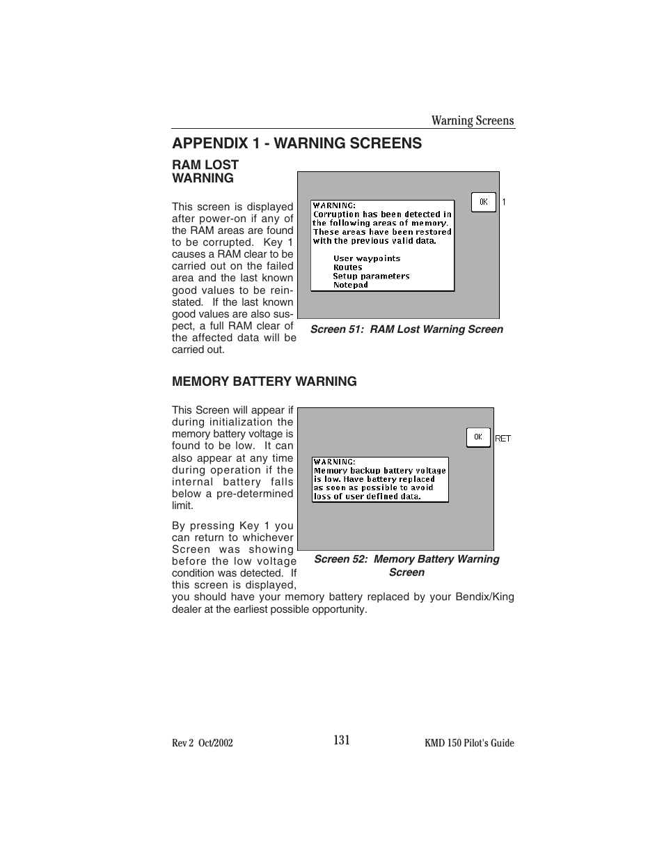 Appendix 1 - warning screens | BendixKing KMD 150 - Pilots Guide User Manual | Page 145 / 170