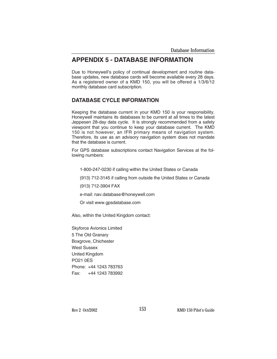 Appendix 5 - database information | BendixKing KMD 150 - Pilots Guide User Manual | Page 167 / 170
