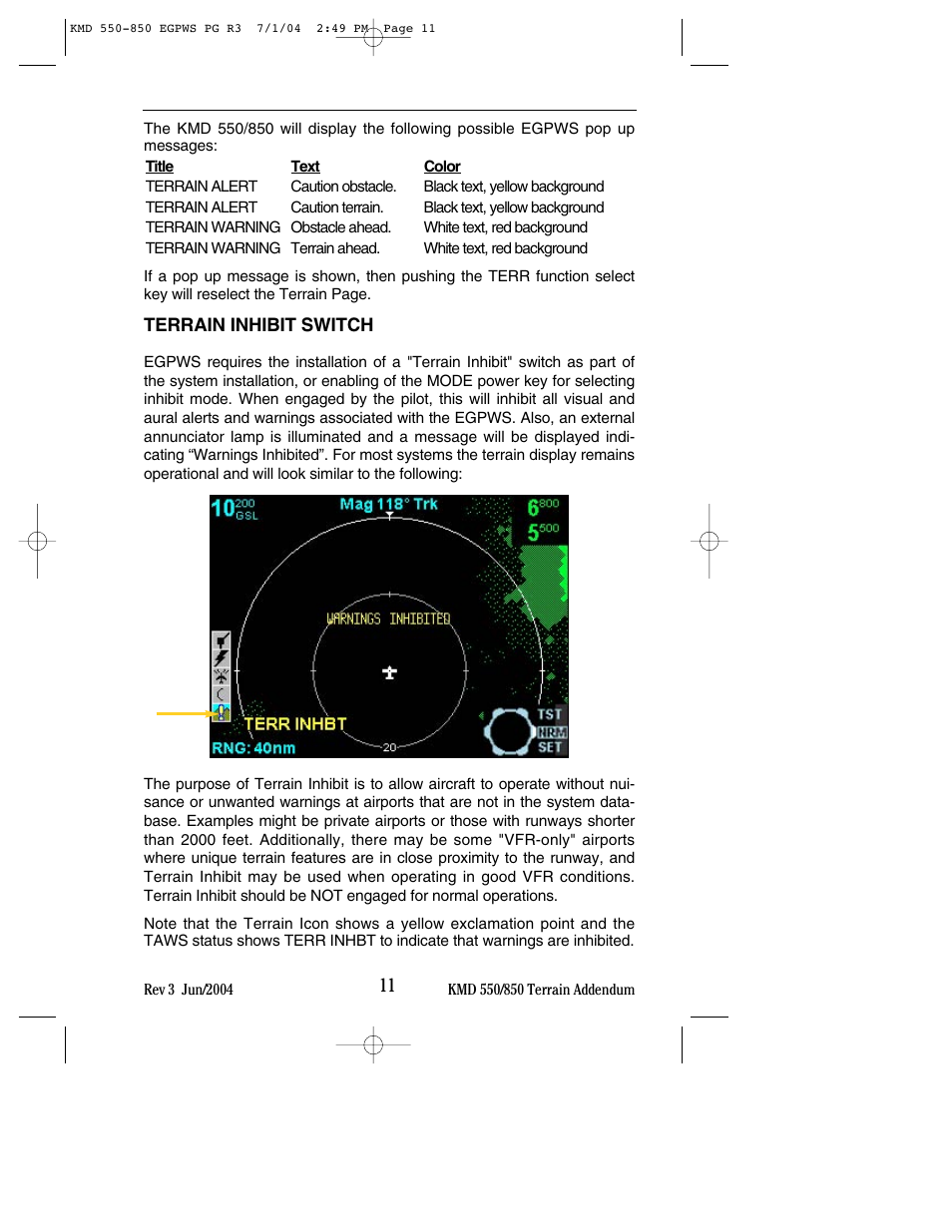 Terrain inhibit switch | BendixKing KMD 540 - Addendum System KMD 850 User Manual | Page 19 / 23