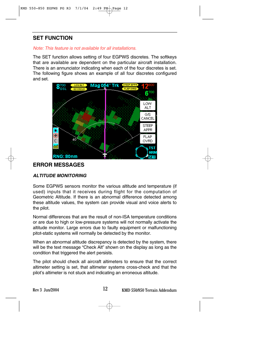 Set function, Error messages, Altitude monitoring | BendixKing KMD 540 - Addendum System KMD 850 User Manual | Page 20 / 23
