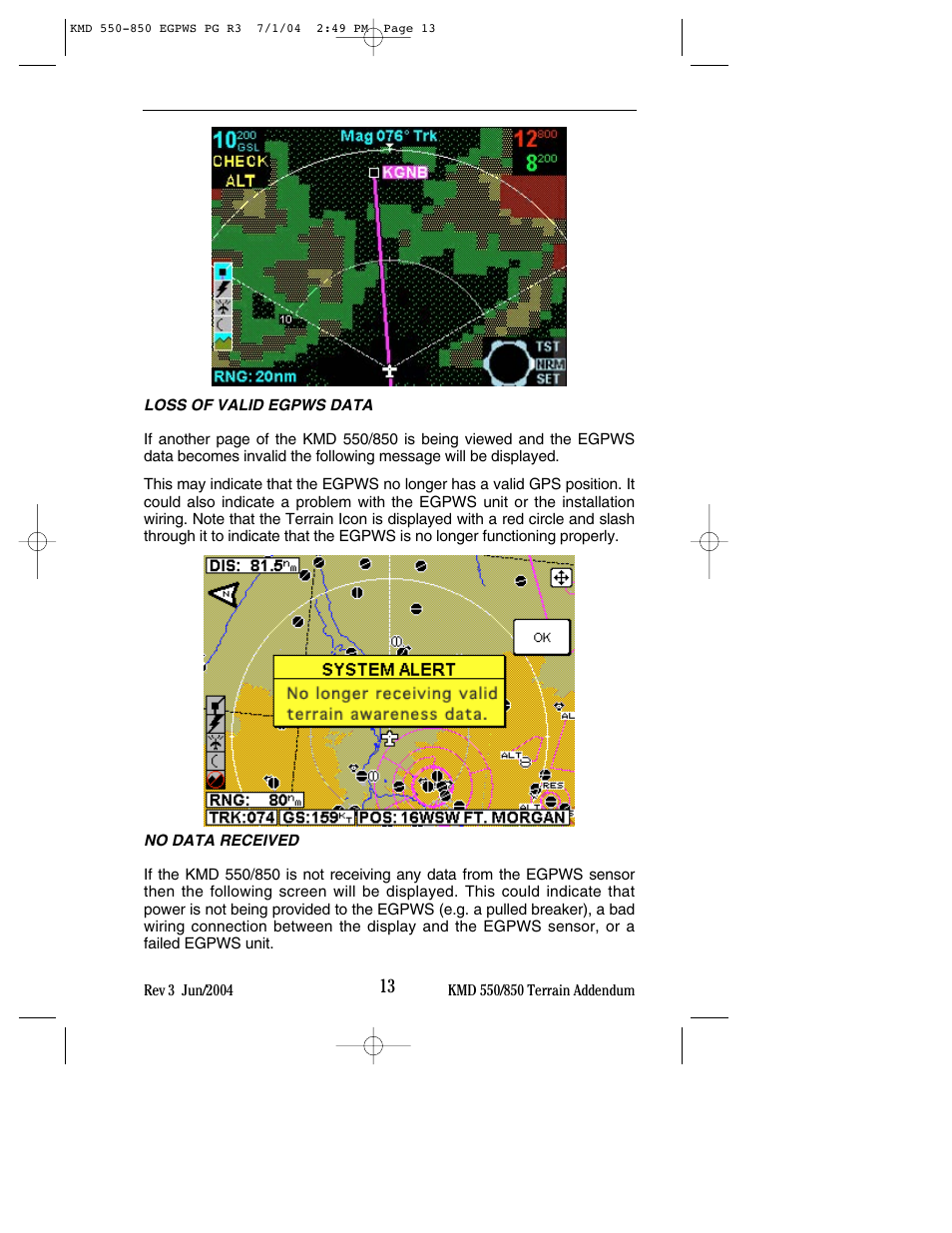 Loss of valid egpws data, No data received | BendixKing KMD 540 - Addendum System KMD 850 User Manual | Page 21 / 23