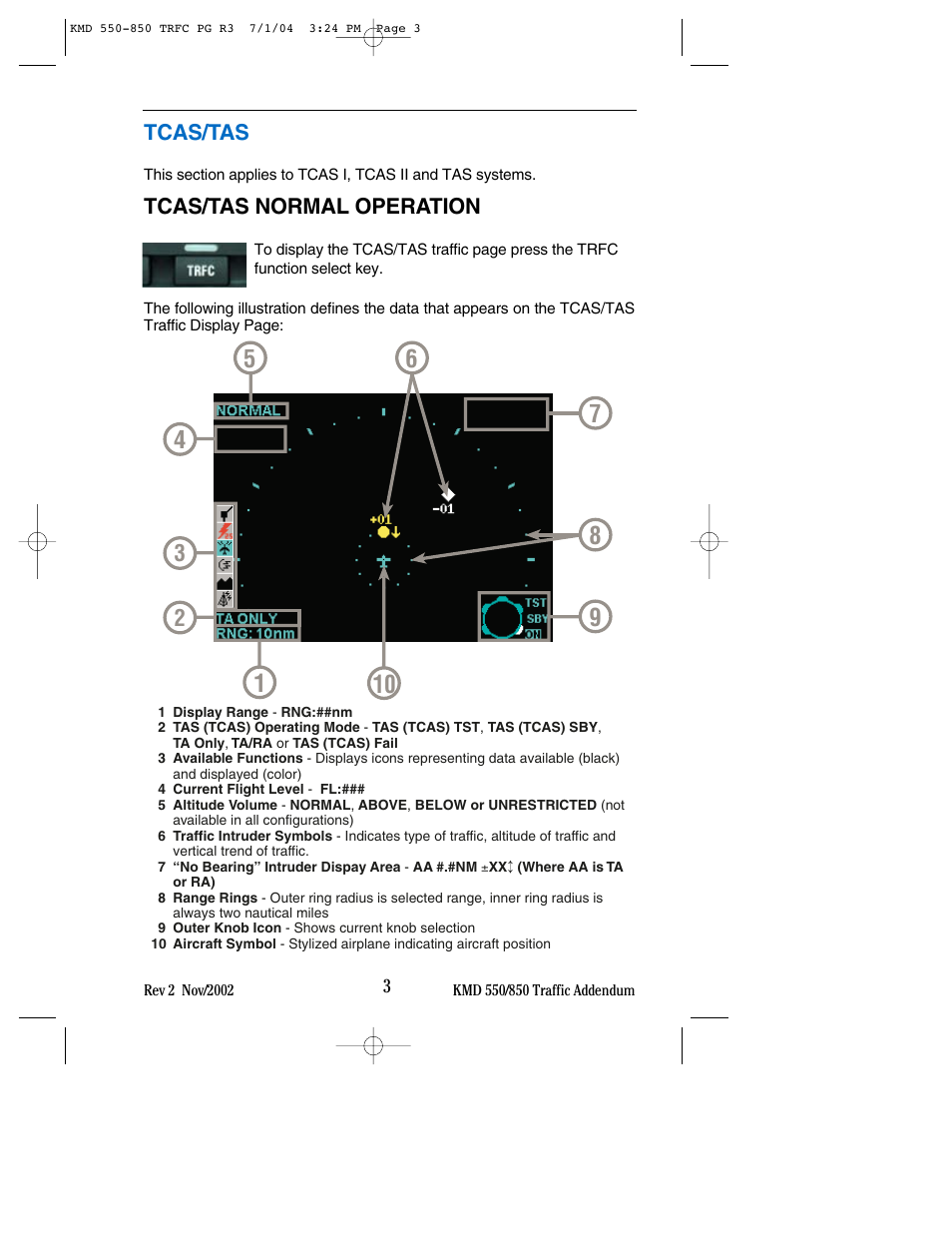 Tcas/tas, Tcas/tas normal operation | BendixKing KMD 540 - Addendum System KMD 850 User Manual | Page 11 / 33
