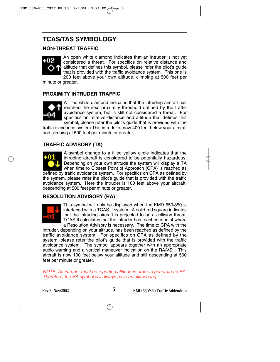 Tcas/tas symbology, Non-threat traffic, Proximity intruder traffic | Traffic advisory (ta), Resolution advisory (ra) | BendixKing KMD 540 - Addendum System KMD 850 User Manual | Page 13 / 33