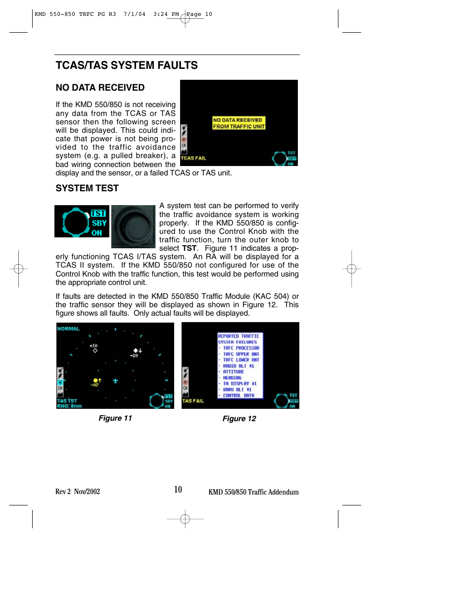 Tcas/tas system faults, No data received, System test | BendixKing KMD 540 - Addendum System KMD 850 User Manual | Page 18 / 33