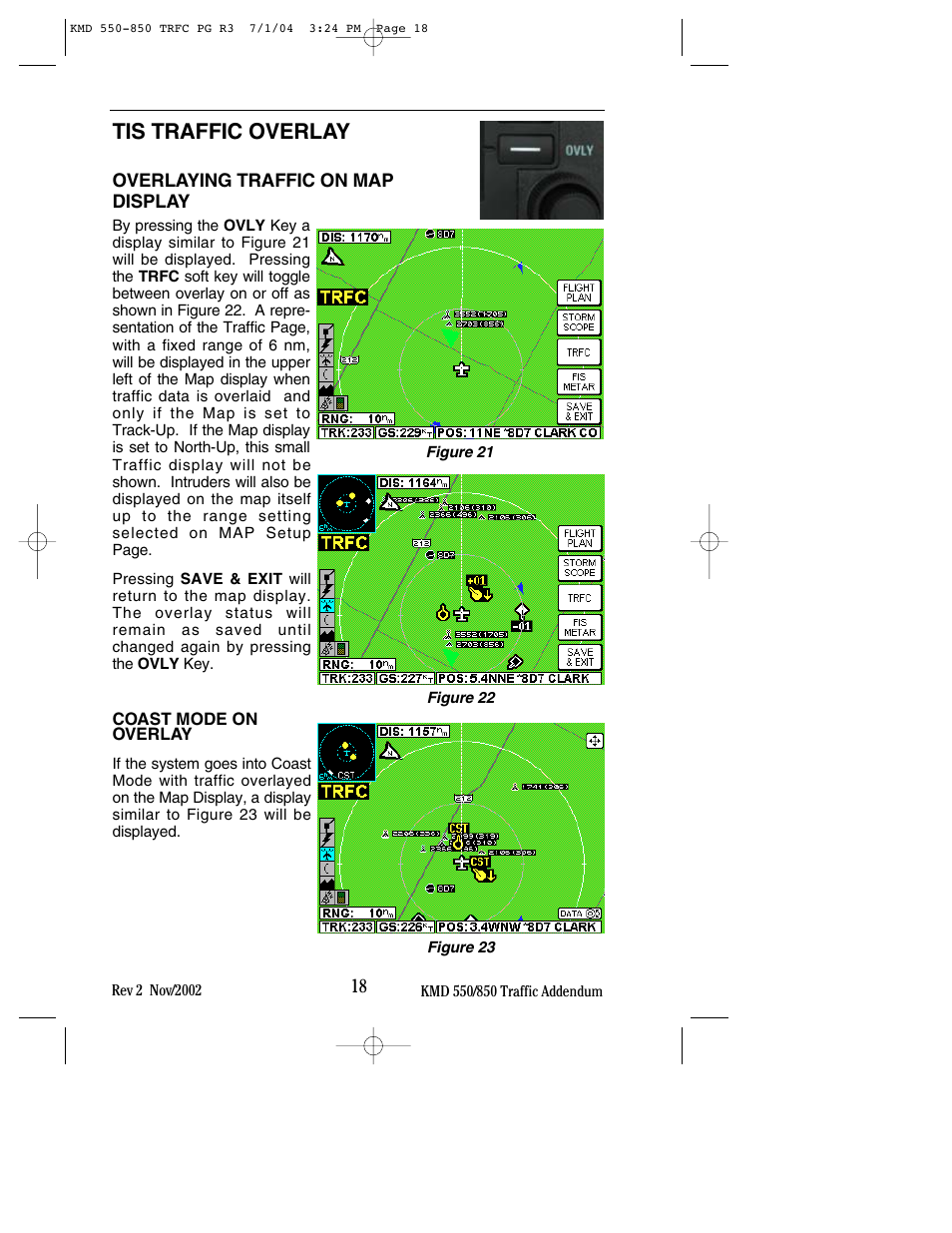 Tis traffic overlay, Overlaying traffic on map display, Coast mode on overlay | BendixKing KMD 540 - Addendum System KMD 850 User Manual | Page 26 / 33
