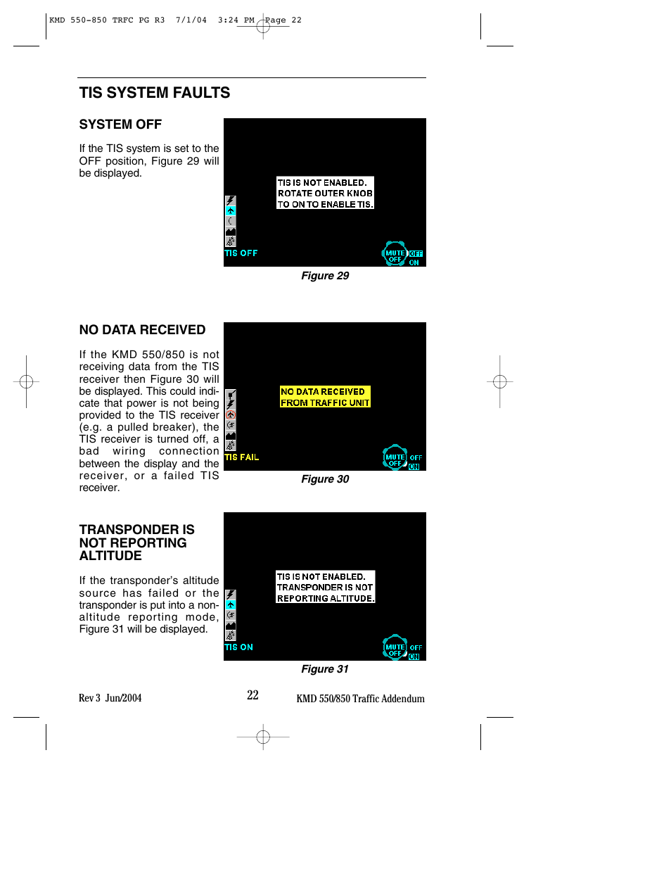 Tis system faults, System off, No data received | Transponder is not reporting altitude | BendixKing KMD 540 - Addendum System KMD 850 User Manual | Page 30 / 33