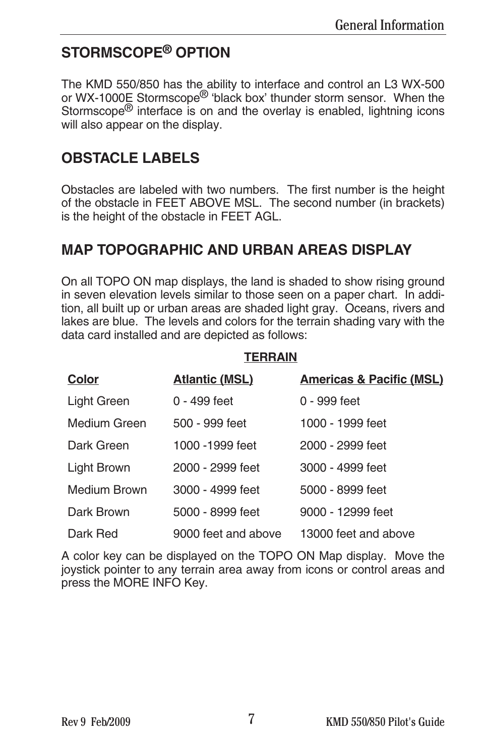 7stormscope, Option, Obstacle labels | Map topographic and urban areas display, General information | BendixKing KMD 540 - Pilots Guide System KMD 850 User Manual | Page 23 / 69