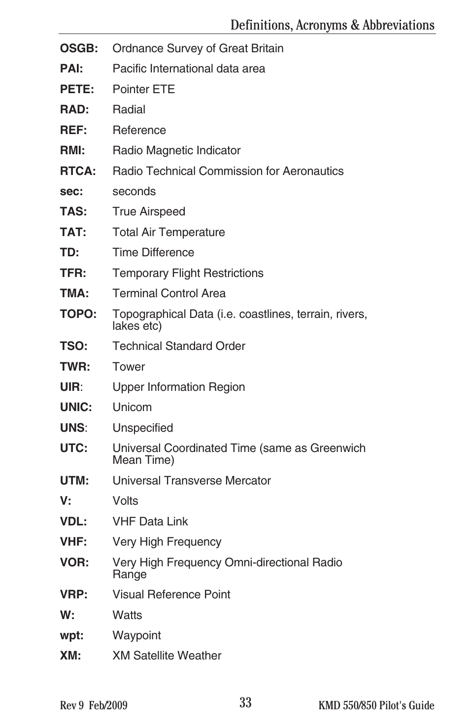 Definitions, acronyms & abbreviations | BendixKing KMD 540 - Pilots Guide System KMD 850 User Manual | Page 49 / 69