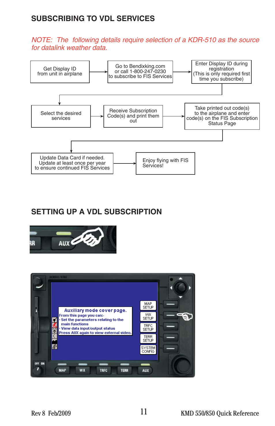 Subscribing to vdl services, Setting up a vdl subscription | BendixKing KMD 540 - Quick Reference Guide System KMD 550 User Manual | Page 11 / 34