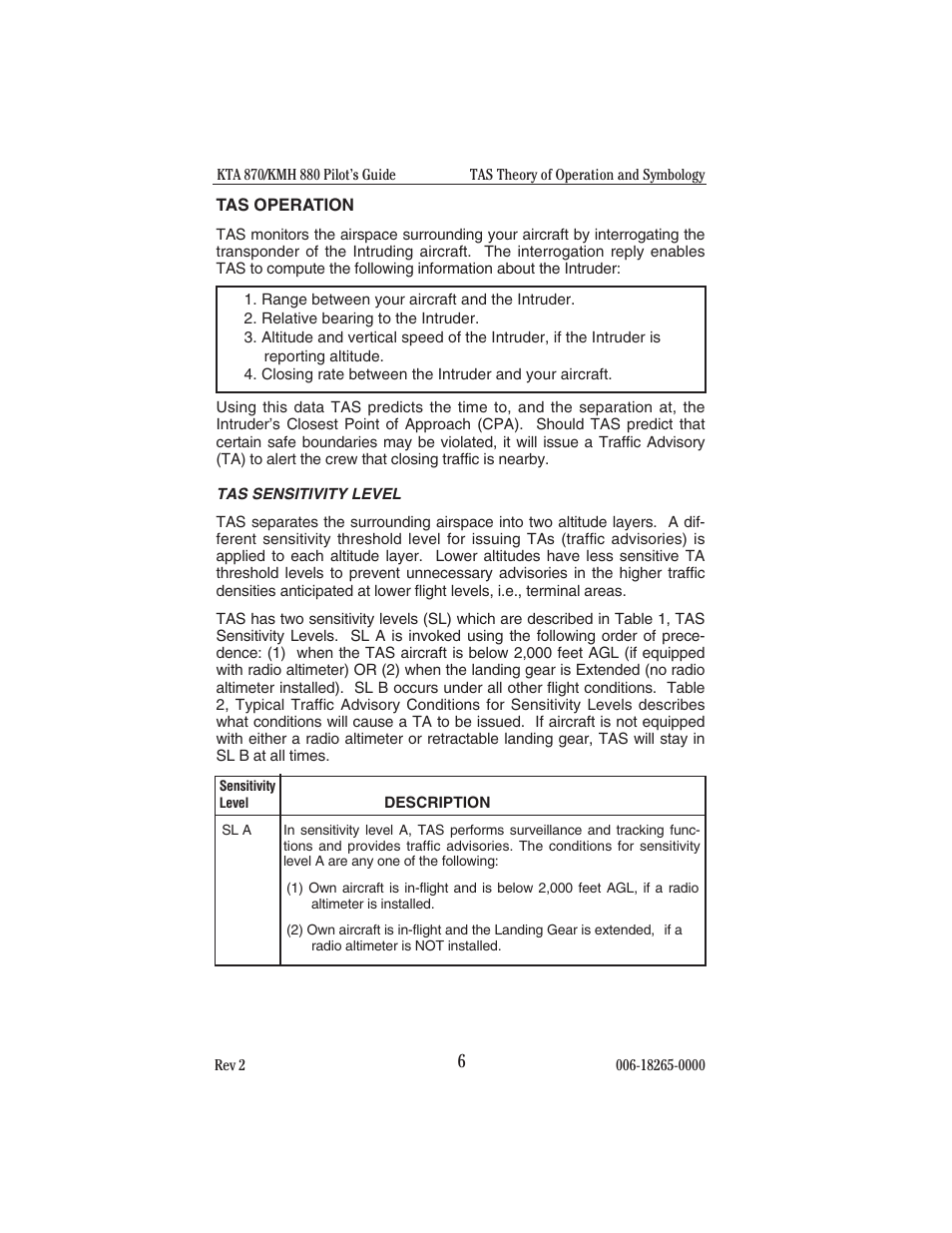 Tas operation, Tas sensitivity level | BendixKing KTA 910 System KTA 970 User Manual | Page 14 / 69