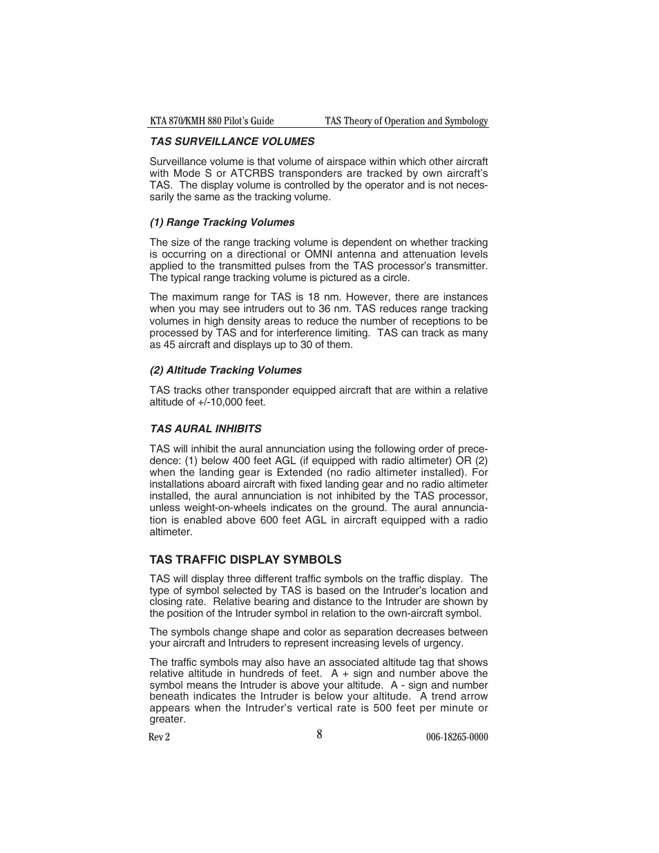 Tas surveillance volumes, Tas aural inhibits, Tas traffic display symbols | BendixKing KTA 910 System KTA 970 User Manual | Page 16 / 69