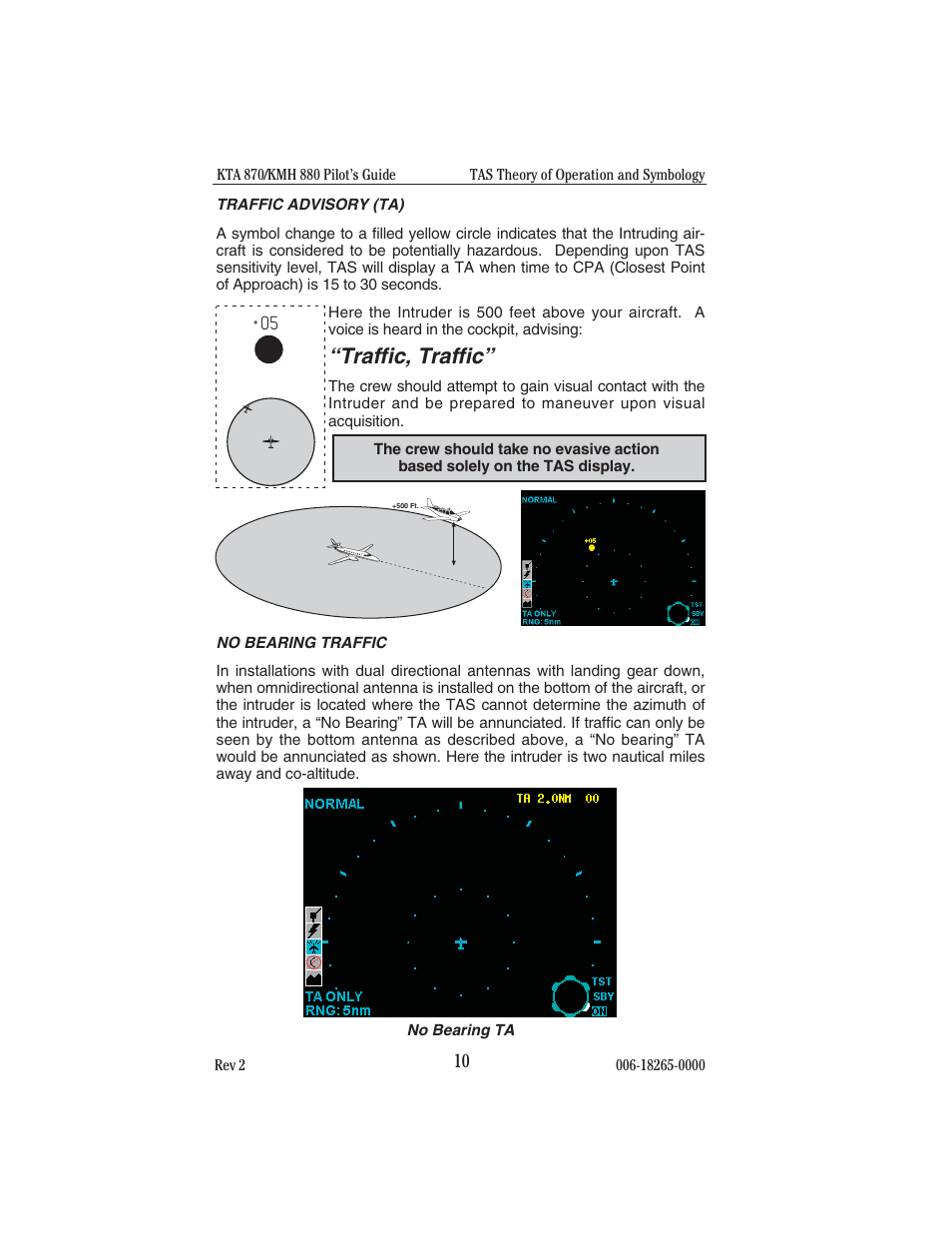 Traffic advisory (ta), No bearing traffic, Traffic, traffic | BendixKing KTA 910 System KTA 970 User Manual | Page 18 / 69
