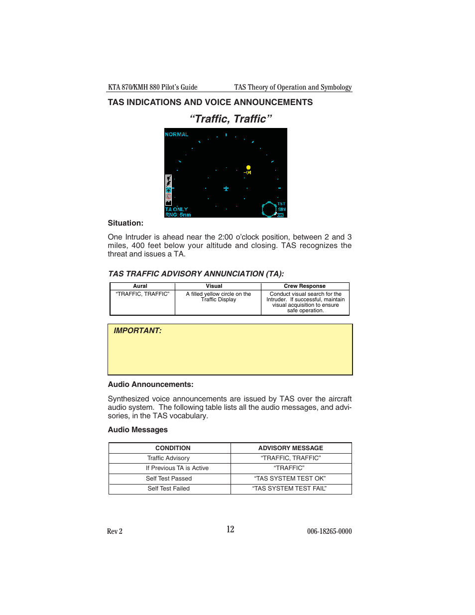 Tas indications and voice announcements, Tas traffic advisory annunciation (ta), Traffic, traffic | BendixKing KTA 910 System KTA 970 User Manual | Page 20 / 69
