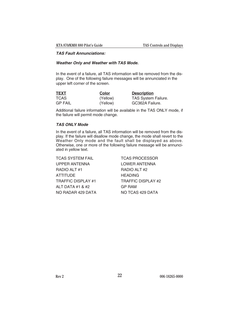 Tas fault annunciations, Weather only and weather with tas mode, Tas only mode | BendixKing KTA 910 System KTA 970 User Manual | Page 30 / 69