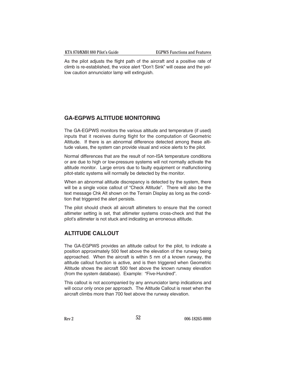 Ga-egpws altitude monitoring, Altitude callout | BendixKing KTA 910 System KTA 970 User Manual | Page 60 / 69