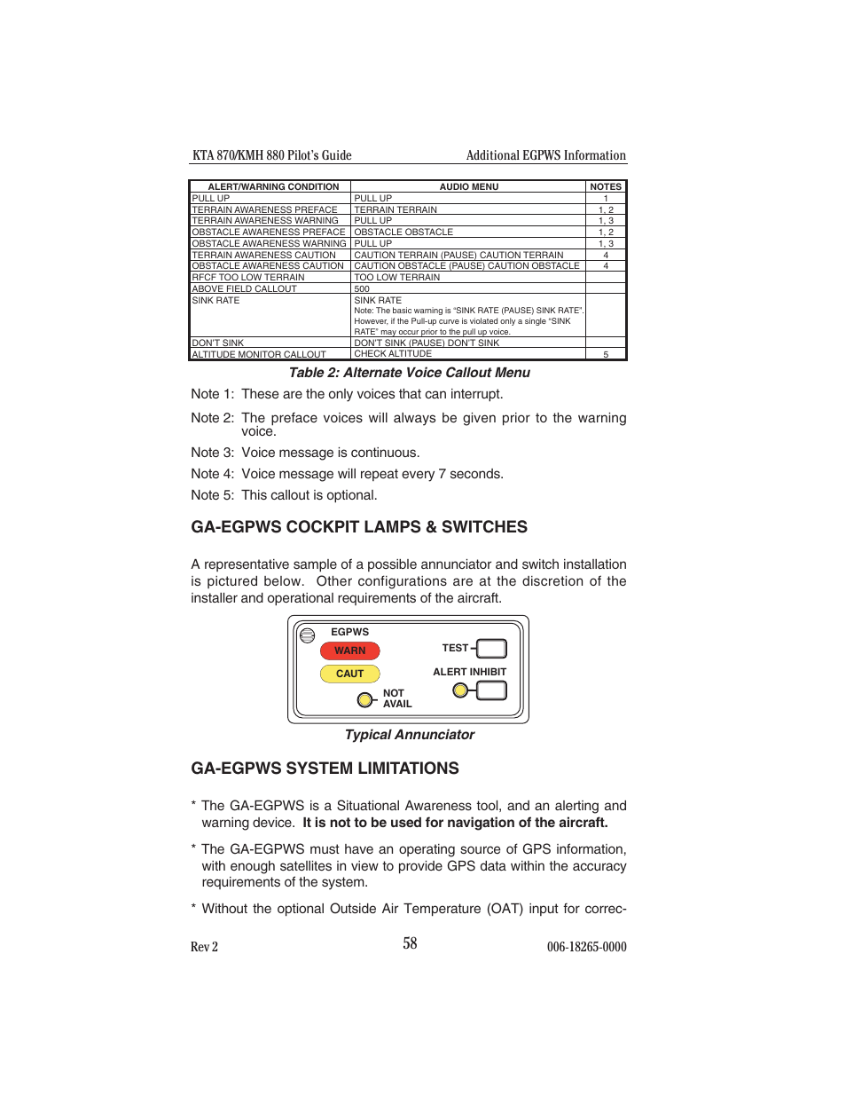 Ga-egpws cockpit lamps & switches, Ga-egpws system limitations | BendixKing KTA 910 System KTA 970 User Manual | Page 66 / 69