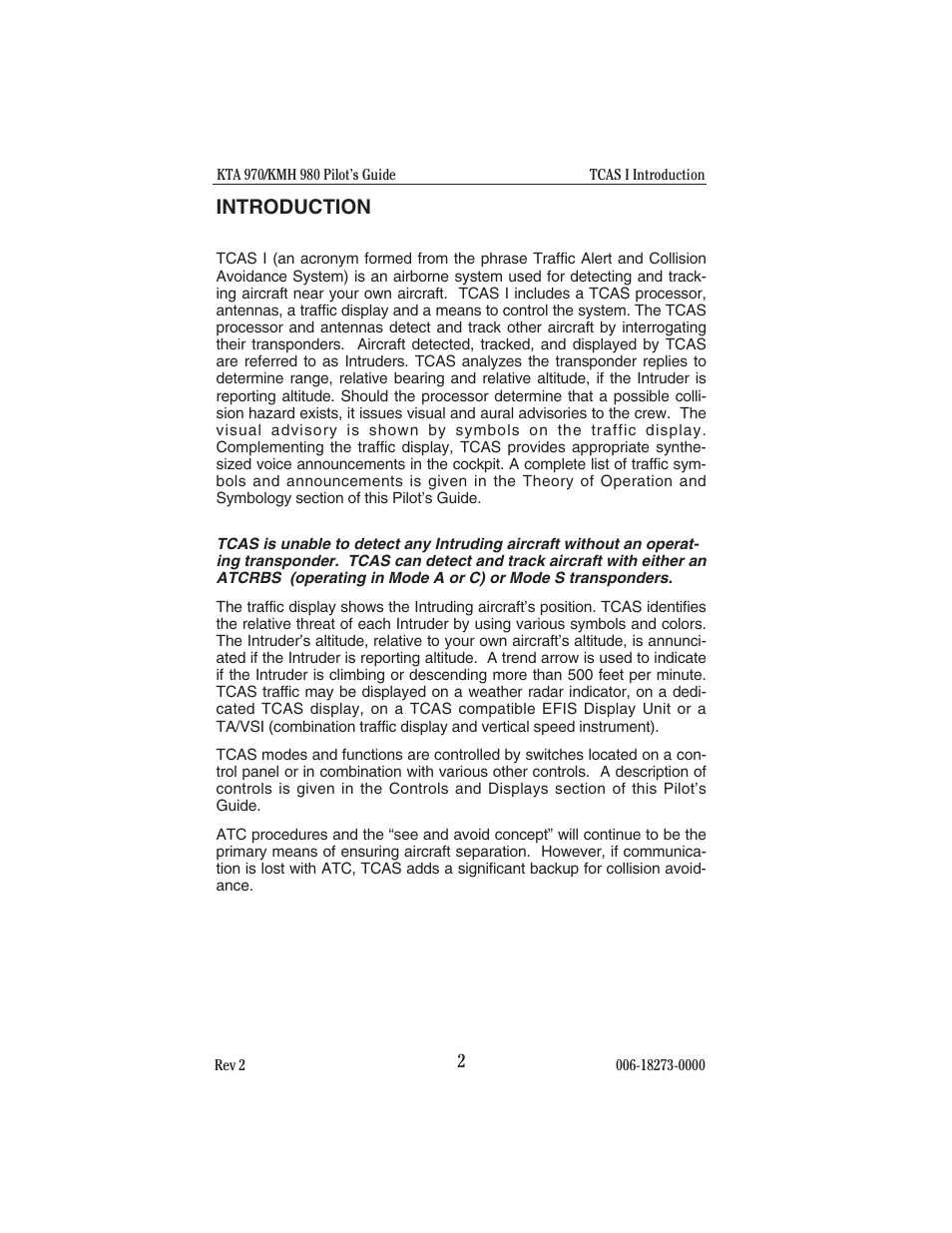 Introduction, Tcas i introduction | BendixKing KMH 920 System KMH 980 User Manual | Page 10 / 73