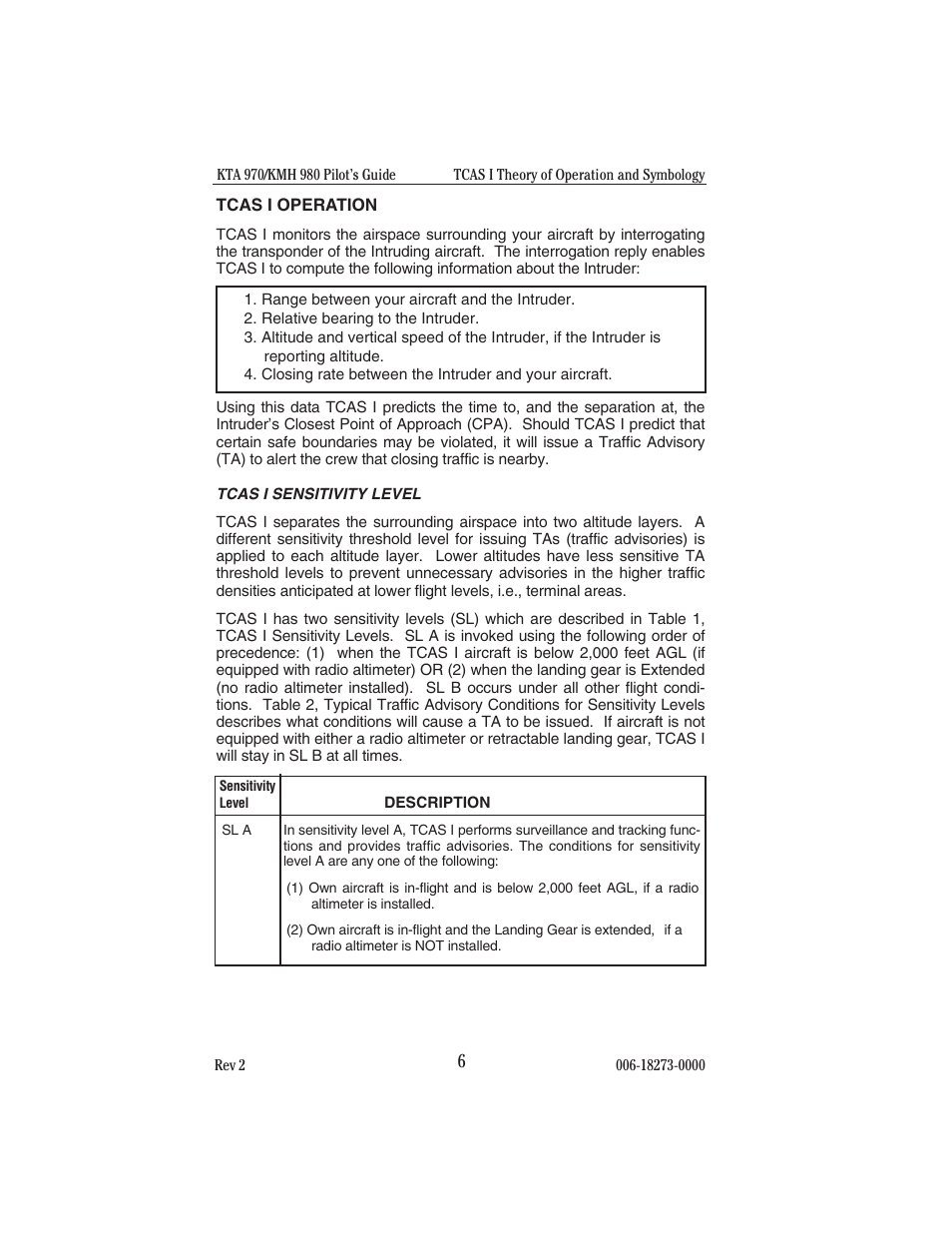 Tcas i operation, Tcas i sensitivity level | BendixKing KMH 920 System KMH 980 User Manual | Page 14 / 73