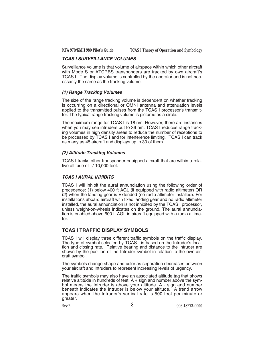 Tcas i surveillance volumes, 1)range tracking volumes, 2)altitude tracking volumes | Tcas i aural inhibits, Tcas i traffic display symbols | BendixKing KMH 920 System KMH 980 User Manual | Page 16 / 73