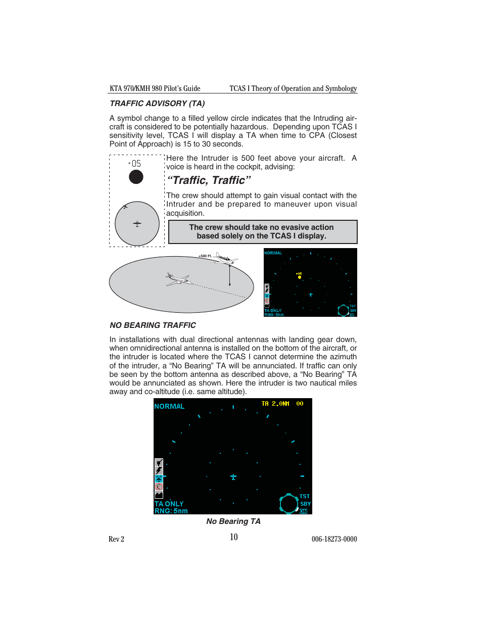 Traffic advisory (ta), No bearing traffic, Traffic advisory (ta) no bearing traffic | Traffic, traffic | BendixKing KMH 920 System KMH 980 User Manual | Page 18 / 73