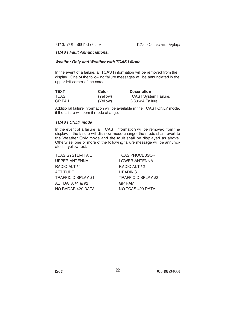 Tcas i fault annunciations, Weather only and weather with tcas i mode, Tcas i only mode | Tcas i fault annunciations tcas i only mode | BendixKing KMH 920 System KMH 980 User Manual | Page 30 / 73