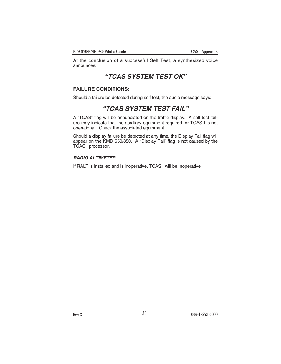 Failure conditions, Failure conditions radio altimeter, Tcas system test ok | Tcas system test fail | BendixKing KMH 920 System KMH 980 User Manual | Page 39 / 73
