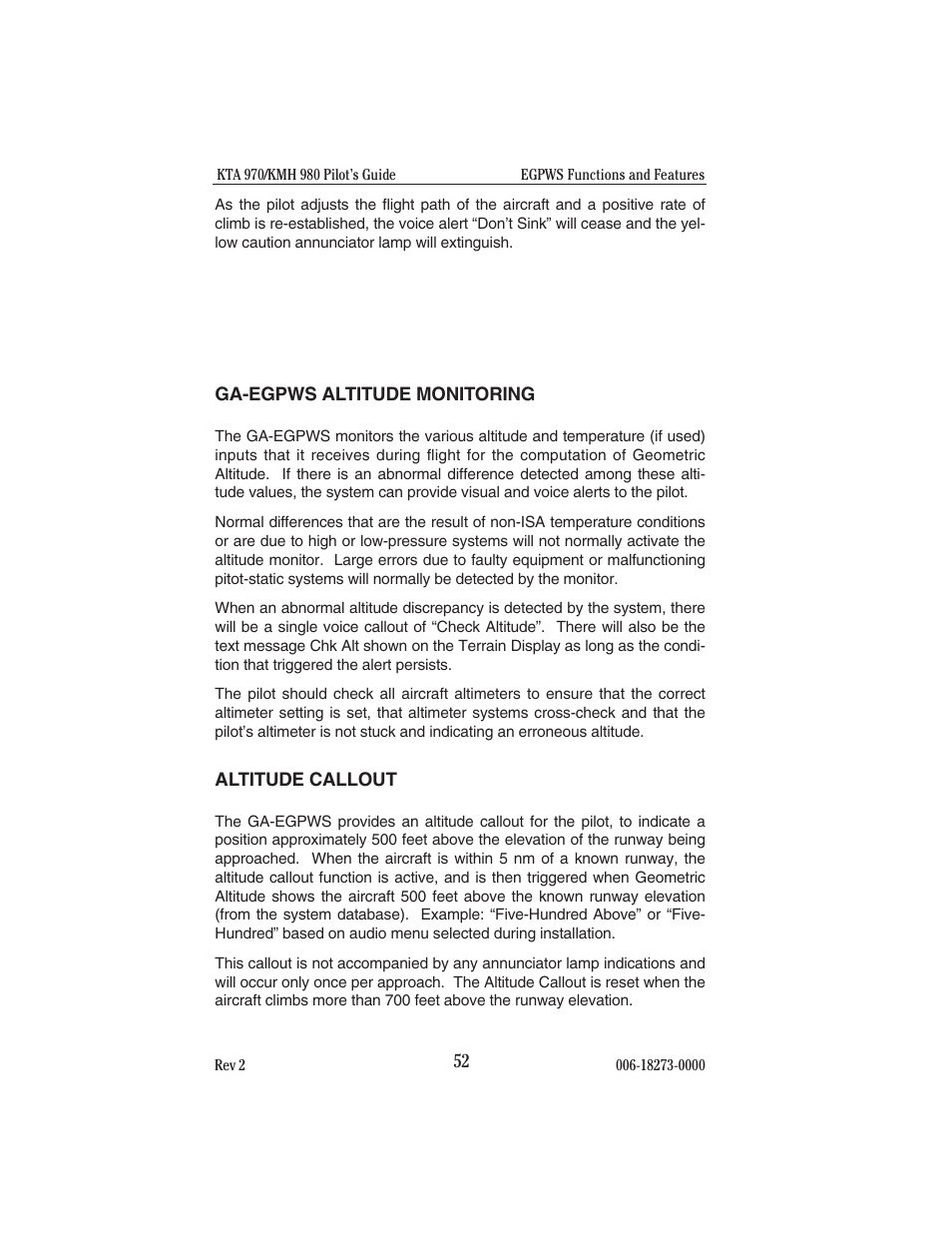 Ga-egpws altitude monitoring, Altitude callout, Ga-egpws altitude monitoring altitude callout | BendixKing KMH 920 System KMH 980 User Manual | Page 60 / 73