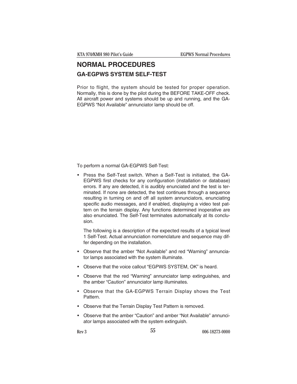 Normal procedures, Ga-egpws system self-test, Egpws normal procedures | BendixKing KMH 920 System KMH 980 User Manual | Page 63 / 73