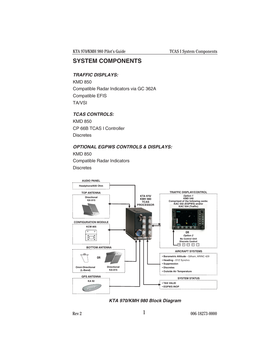 System components, Traffic displays, Tcas controls | Optional egpws controls &displays, Tcas i system components | BendixKing KMH 920 System KMH 980 User Manual | Page 9 / 73