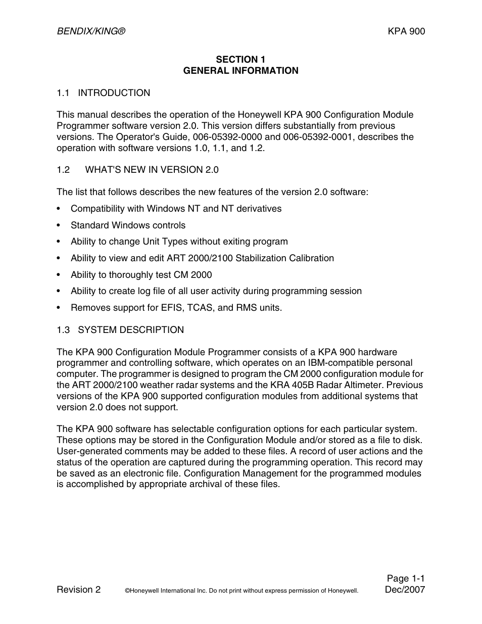 Section 1 general information, 1 introduction, 2 what's new in version 2.0 | 3 system description | BendixKing KPA 900 System RDR-2000 User Manual | Page 13 / 46